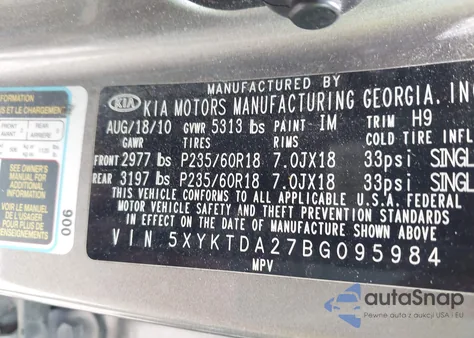 2011 Kia Sorento Lx V6 z USA, uszkodzony, nr VIN 5XYKTDA27BG095984